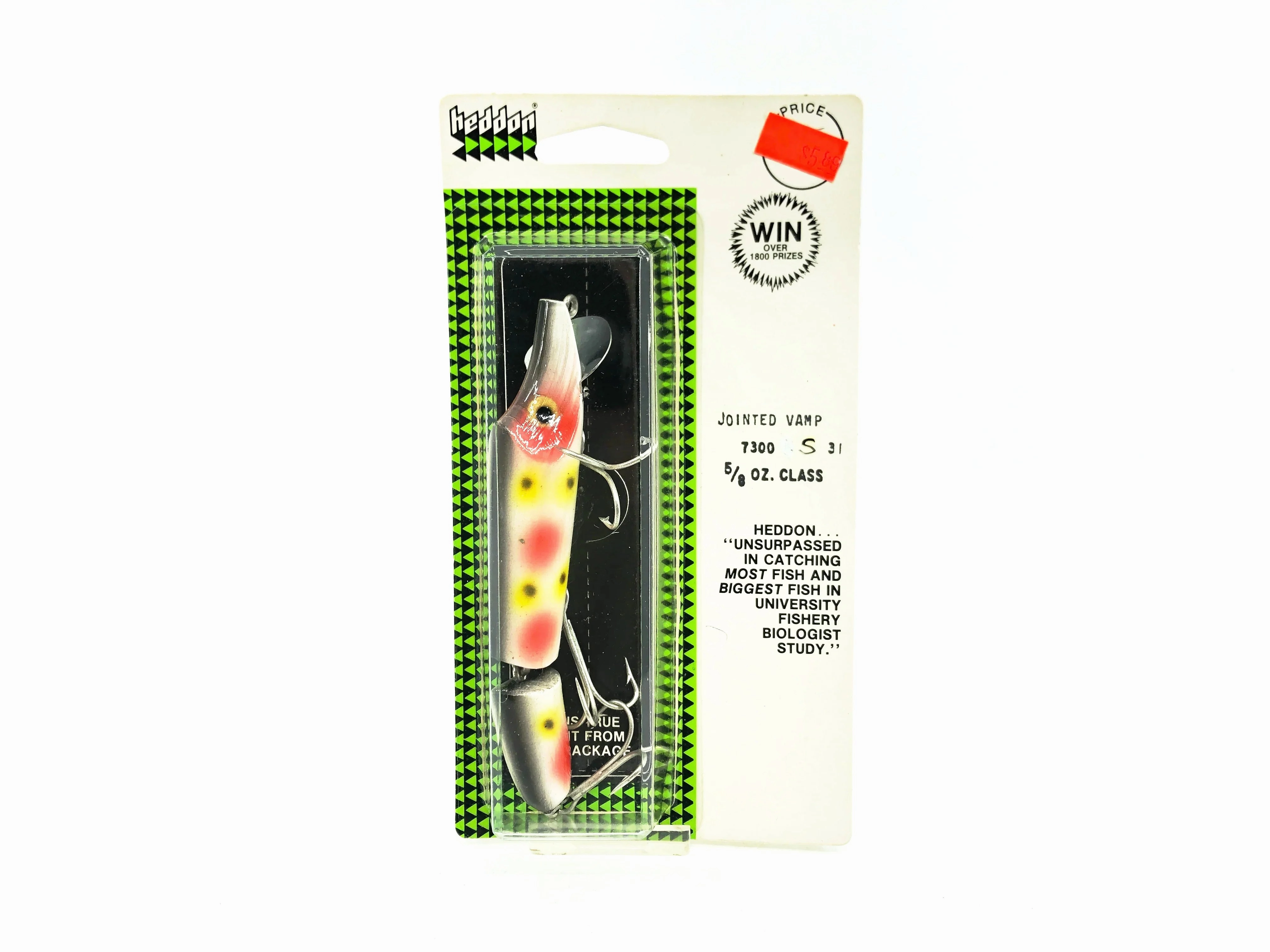 Original Heddon Jointed Wood Vamp 7300, S Strawberry Color on Card-Tough Lure